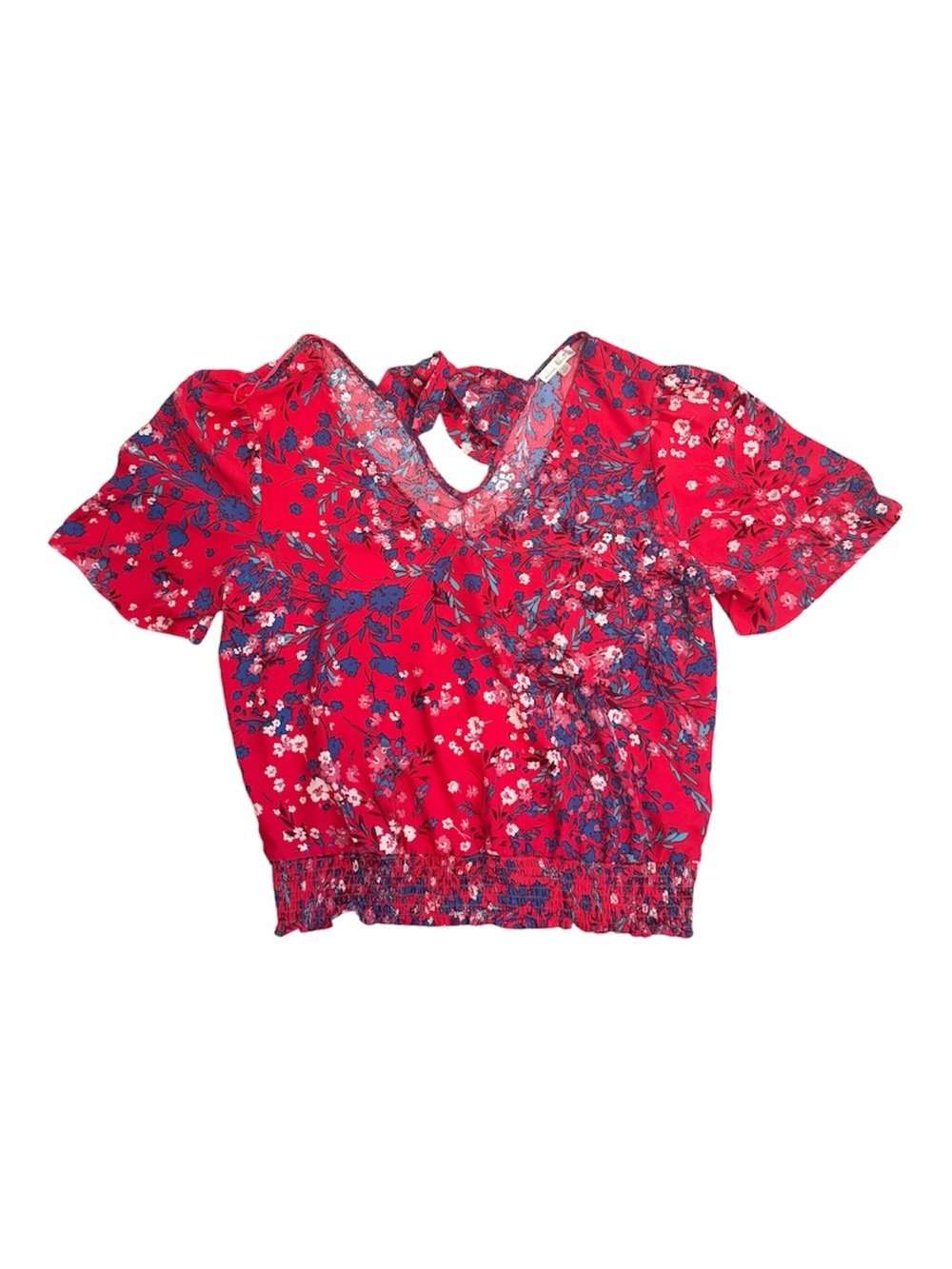 nine britton Red Floral Crop Top with Blue & White Accents